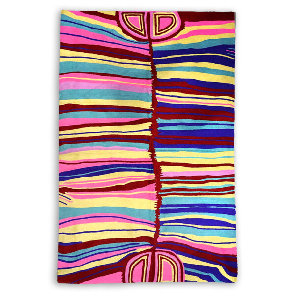 Large chain stitch kilim rug wall hanging designed by Judy Napangardi Watson. Made by Better World Arts available from Flying Fox Fabrics