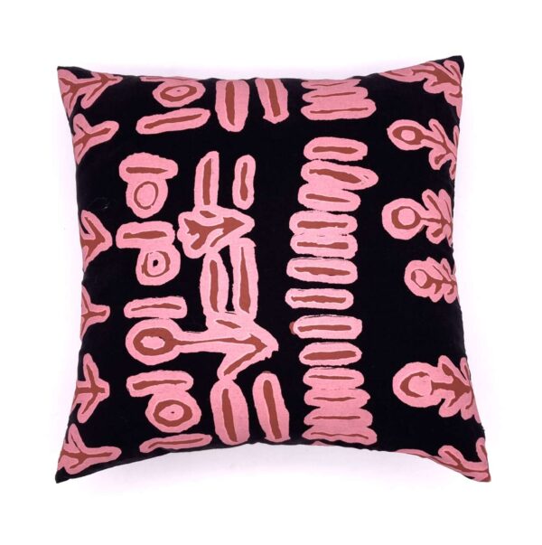 Tencel Linen fabric cushion cover hand printed with Mulpu design by Anmanari Nolan of Ikuntji Artists, made by Flying Fox Fabrics