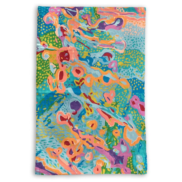 Large kilim rug wallhanging designed by Stephen Jupurrula Nelson from Warlukurlangu Artists made by Better World Arts available from Flying Fox Fabrics