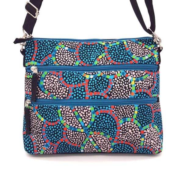 Charlotte bag made from Seed Dreaming designed by Geraldine Napurrula Langdon of Warlukurlangu Artists. Made by Flying Fox Fabrics