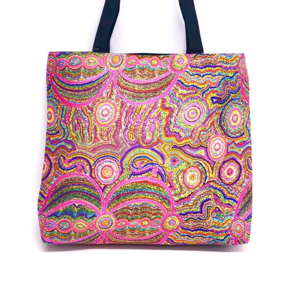 Frida tote bag in fabric designed by Ruth Nungarrayi Spencer from Warlukurlangu Artists and made by Flying Fox Fabrics fair trade